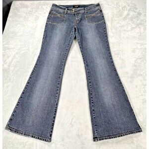 VTG Y2K Angels Low Rise Flare Jeans Size 17 Dark Wash Patch Pocket Stretch Denim